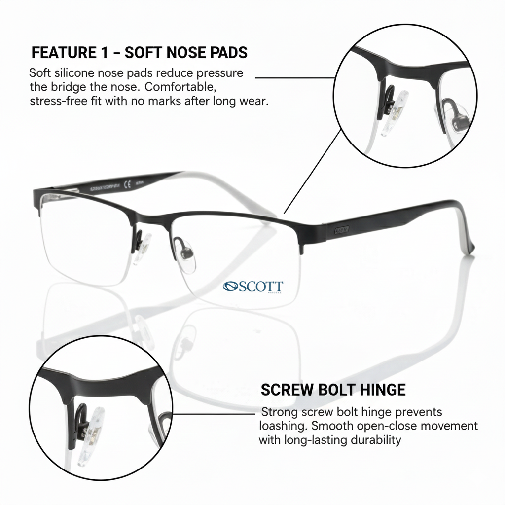 SCOTT Luxury Unisex Metal half rim | Durable Hinge & Comfort Fit