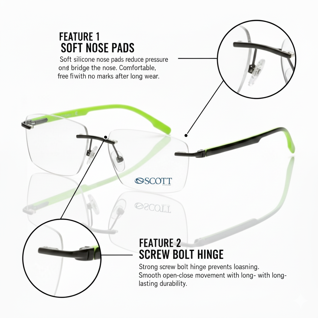 SCOTT Luxury Unisex Metal frameless | Durable Hinge & Comfort Fit
