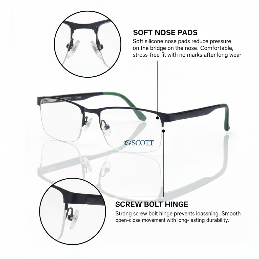 SCOTT Luxury Unisex Metal half rim | Durable Hinge & Comfort Fit